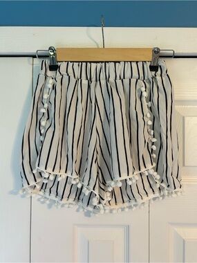 Striped White Pom-Pom Trim Womens Shorts
